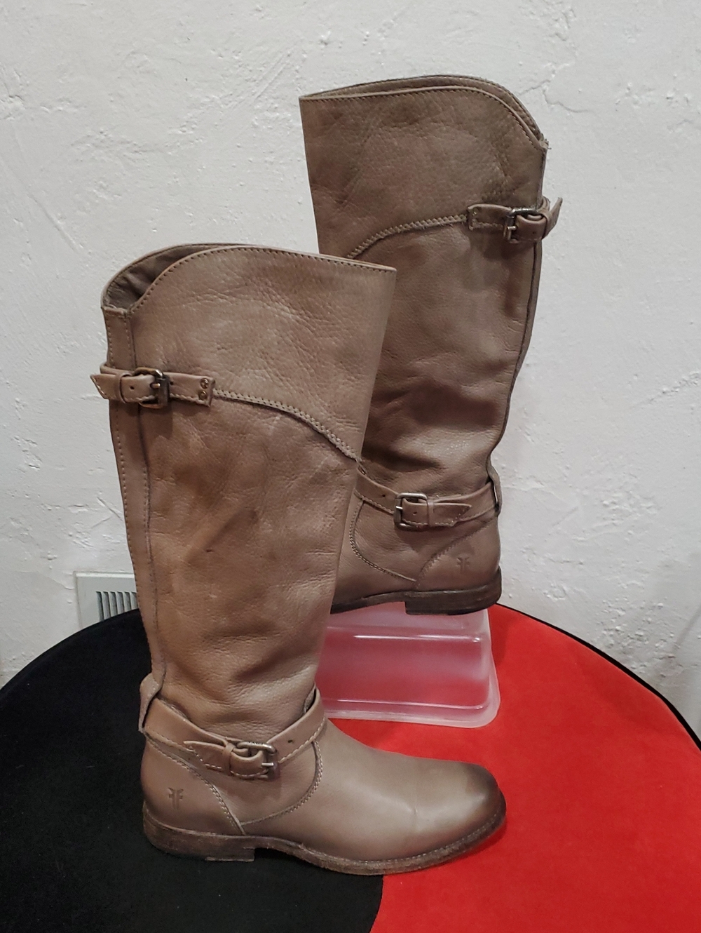 Vintage Frye Taupe Riding Style Leather Boots with Buckles